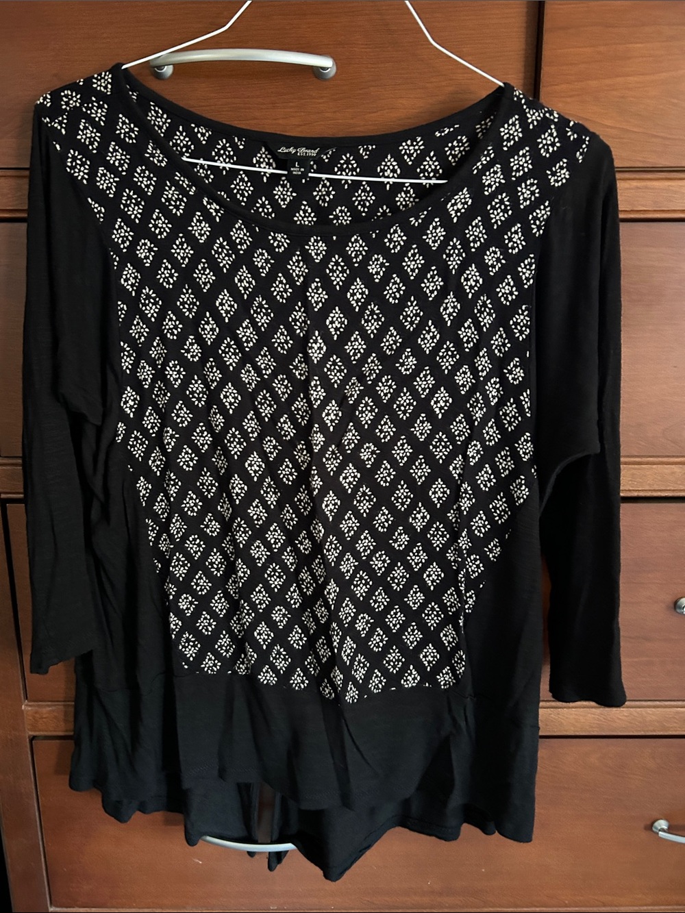 Lucky Brand Black Long-Sleeve Top with White Diamond Pattern
